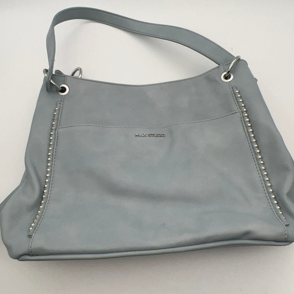 Max Studio Slate Blue silver tone Studded Faux Leather Hobo‎ Shoulder Bag purse